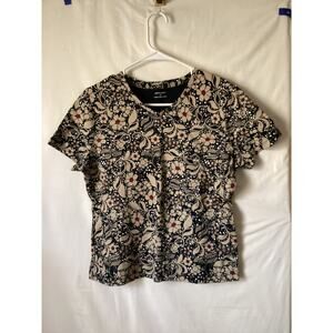 4611 Croft & Barrow Pullover Top Women Black Maroon Tan Floral Scoop Short Sleev